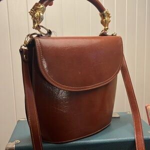 Vintage Sasha 1996 Brown Faux Leatherther Bag with Gold Horse Detail - Vegan